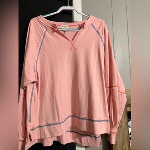 Peach Love California Pink Top with Blue Stitching